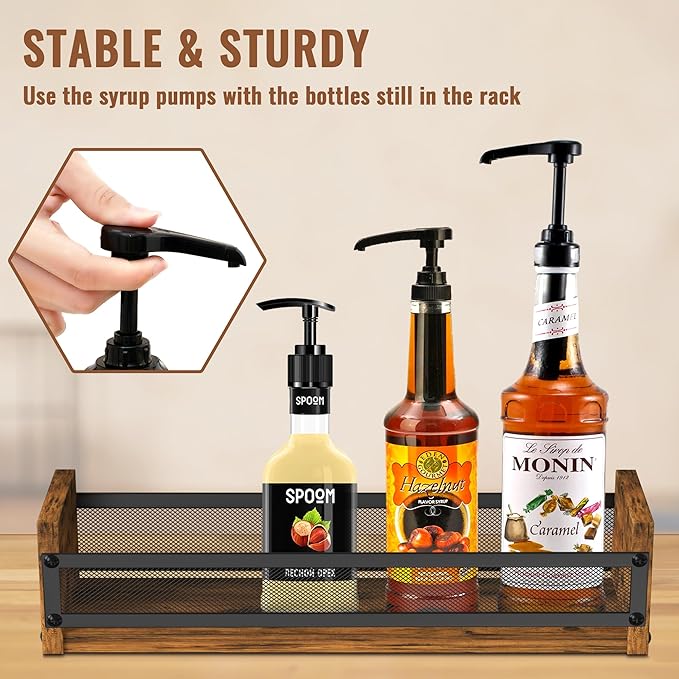 Alyoen Liquor Bottle Display Shelf, Coffee Syrup Rack Organizer, Countertop Liquor Wine Rack, 4 Bottles Coffee Station Organizer with Fences & Handles, Home Retro Bar Shelf Stand for Liquor Whiskey