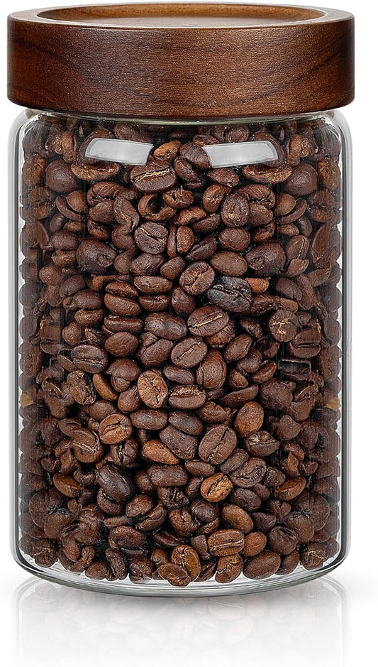 1PC Glass Storage Jars with Airtight Lids, 28 fl oz (850ml) coffee container with Wooden Lid, Glass Pantry Canister for Beans, Rice, Sugar and etc