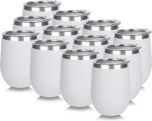 DOMICARE Stainless Steel Wine Tumbler Bulk with Lid, Personalized White Insulated Tumblers Set, 12oz Travel Coffee Cups Pack of 12