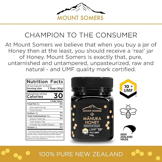 Mount Somers Premium Manuka Honey MGO 263+ / UMF 10+ - 100% Pure Non GMO New Zealand Manuka Honey - Genuine Natural Superfood - UMF Certified & Traceable - 8.8oz