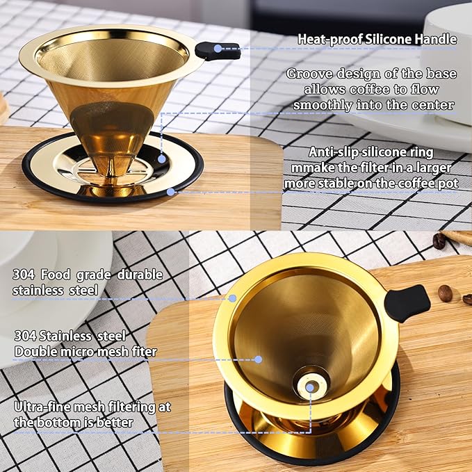 Small Size Pour Over Coffee Dripper, Stainless Steel Metal Cone Drip Coffee Filter, Paperless and Permanently Reusable, Double Mesh Coffee,TeaFilter for 1-2 Cups
