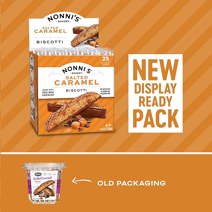 Nonni's Salted Caramel Milk Chocolate Biscotti Cookies — Individually Wrapped Italian Coffee Snack, Crunchy Twice-Baked, 90 Cal Each, 21 oz Carton, 4 Pack