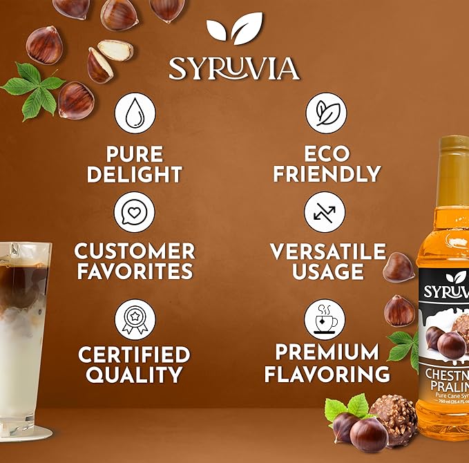 Syruvia Coffee Syrup, Chestnut Praline Flavored Syrup for Drinks, Lattes, and Desserts – 25.4 fl oz, With Pump