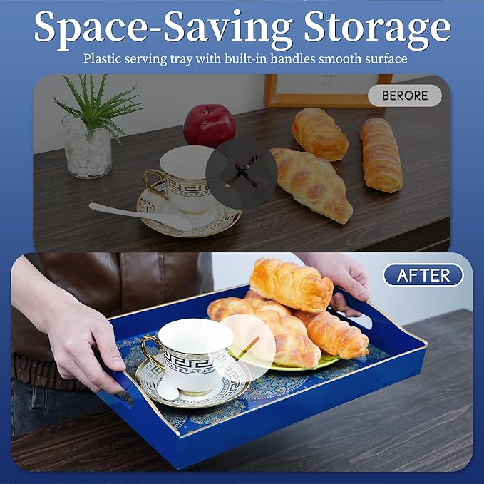 Gifturbo Decorative Tray for Coffee Table with Handles,Plastic Elegant Floral Rectangular Serving Tray for Ottoman,Living Room,Bathroom,Home Decor,Entertaining,2 Handles