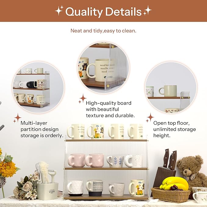 Coffee Mug Holder Wooden Cup Station Organizer 3 Tier Cup Holder for Coffee Bar Mug Display Rack for Countertop Mug Holder Shelf for Home Kitchen Trapezium-Nutbrown