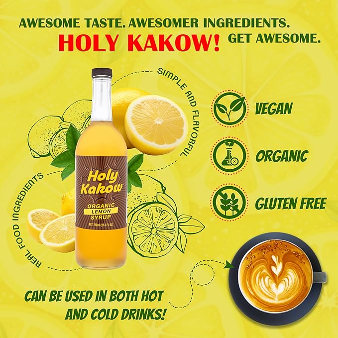 Holy Kakow Cafe Organic Lemon Syrup - Lemon Syrup, Coffee Syrup, Organic Syrup for Coffee, Lemon Syrup for Coffee, Add to Latte, Cocktail and Shake, Real Food Ingredients, Specific Flavor - 750ml