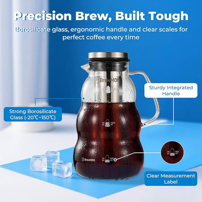 BrewMOO- Cold Brew Coffee Maker (2.0L/68Oz), Sleek Wave Borosilicate Glass Pitcher with Stainless Steel Filter, Airtight Lid + Wide Spout + Comfort Handle, Effortless Manual, Sophisticated Gift