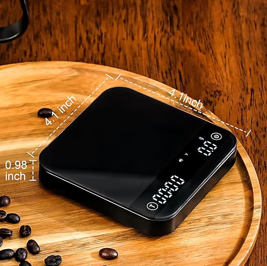 KitchenTour CaféMetric Coffee Scale with Timer 0.1g/2000g - Precision Scale for Espresso & Pour Over - Water Flow Speed Mode and Coffee Powder-to-Liquid Ratio Mode - Rechargeable, LCD Display-Black