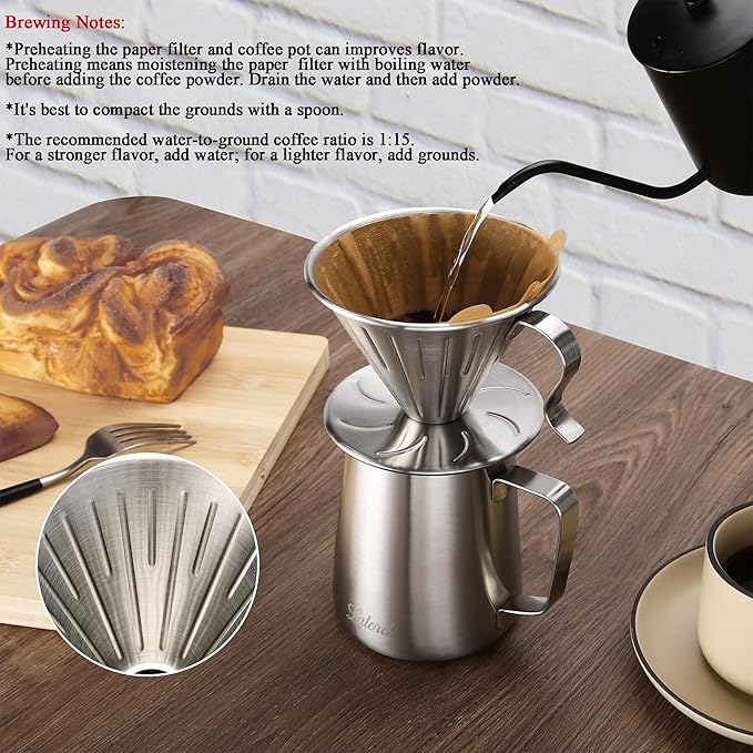 Pour Over Coffee Maker, 304 Stainless Steel wIth 100 pcs Size 02 Cone Paper Filters & 600ml Milk Frothing Pitcher, for Home & Camping