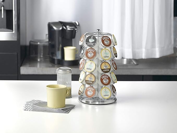 Nifty K Cup Holder – Compatible with K-Cups, Coffee Pod Carousel | 35 K Cup Holder, Spins 360-Degrees, Lazy Susan Platform, Modern Chrome Design, Home or Office Kitchen Counter Organizer