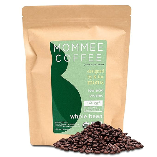Mommee Coffee - Quarter Caf | Low Acid, Organic, Fair Trade, Water Processed | Whole Bean, 22oz.
