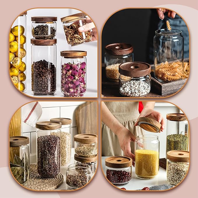 300ML/10Oz Clear Cute Glass Storage Canister Holder with Stackable Airtight Wood Lid, Modern Decorative Small Container Jar for Coffee, Spice, Candy, Salt, Cookie, Condiment, Pepper, Sugar