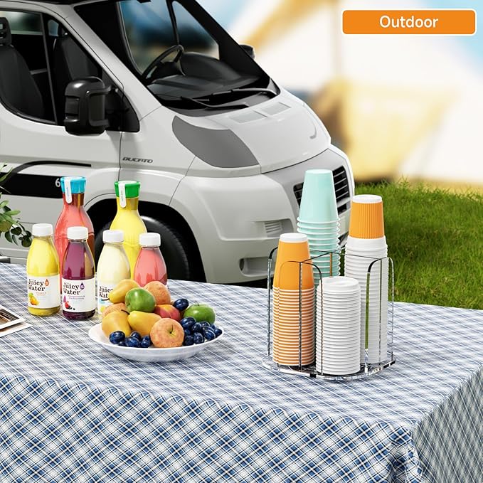 Beego Rotatable 4-Compartment Acrylic Cup Dispenser - Coffee Station Cup and Lid Carousel Countertop Plastic Cup Holder for Restaurant Breakroom Coffee Bar