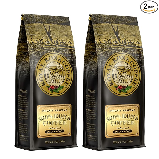 ROYAL KONA COFFEE Whole Bean - 100% Hawaiian Kona Coffee, Private Reserve, Medium Roast, (Pack of 2)