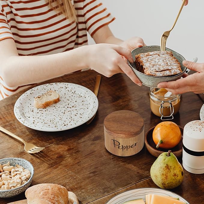 Acacia Wood Spice Box with Swivel Cover for Kitchen Countertop,Salt Keeper with Built-in Spoon,Modern Farmhouse Kitchen Decoror for Storing Seasonings (Labeled Salt & Pepper)