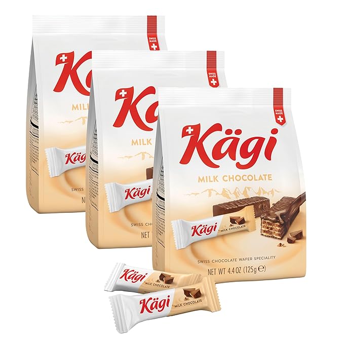 Swiss Milk Chocolate Covered Mini Wafers by Kägi, Crispy Coated Sweet Snacks, Premium Individually Wrapped Treats, Chocolate, Classic Kägi, 3 Pack of 125g Bags