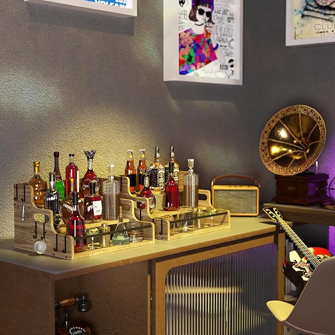 3-Tier Liquor Bottle Display Shelf, Bar Stand for Whiskey, Spirits, Coffee Syrup Rack Organizer, Countertop Wine Rack for Home, Mini Coffee Bar, Small Liquor Cabinet and Kitchen Light Brown