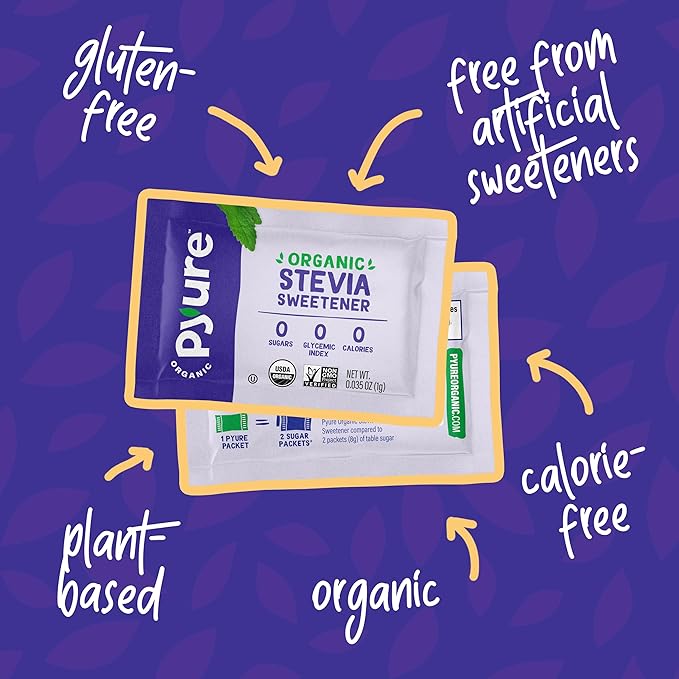 Pyure Organic Stevia Packets | Granulated Sugar Packets - White Sugar Substitute | Zero Carb, Zero Sugar, Zero Calorie Sweetener Packets | Plant-Based Stevia Packets for Keto Coffee | 80 Count