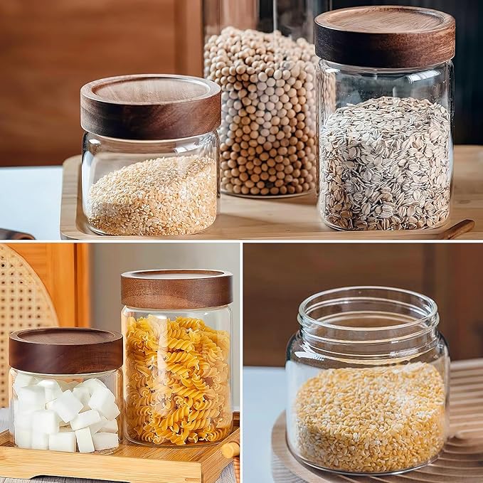 Set of 2 Glass Food Storage Jars, Premium Clear Glass Container Jar with Airtight Wooden Screw Lid, Kitchen Canisters for Coffee,Tea,Pasta,Cookies, Nuts,Spice,Candy,Overnight Oatmeal