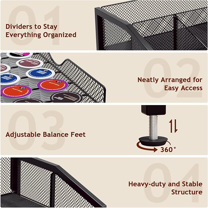 Coffee Bar Organizer - Coffee Station for Countertop, Metal and Wood K Cup holder Storage Basket for Syrup, Cups, Stirrer, Condiment, Tea Organizer, Black