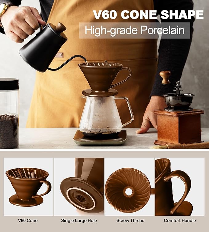 Pour Over Coffee Dripper - Ceramic Pour Over Coffee Maker Cone, Porcelain Coffee Drip, Pour Over Single Cup, Manual Brew Maker for Home, Cafe, Office - 1-4Cup, V60 Size 02 (Brown)