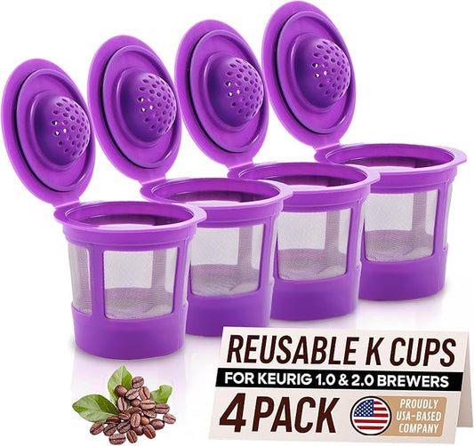 Reusable K Cups for Keurig Coffee Maker - Filter Pods for Keurig 1.0 and 2.0 Brewers - Refillable K Cup Fits K-Elite, K-Classic - BPA Free Universal Reusable Single Serve - 4 Pack