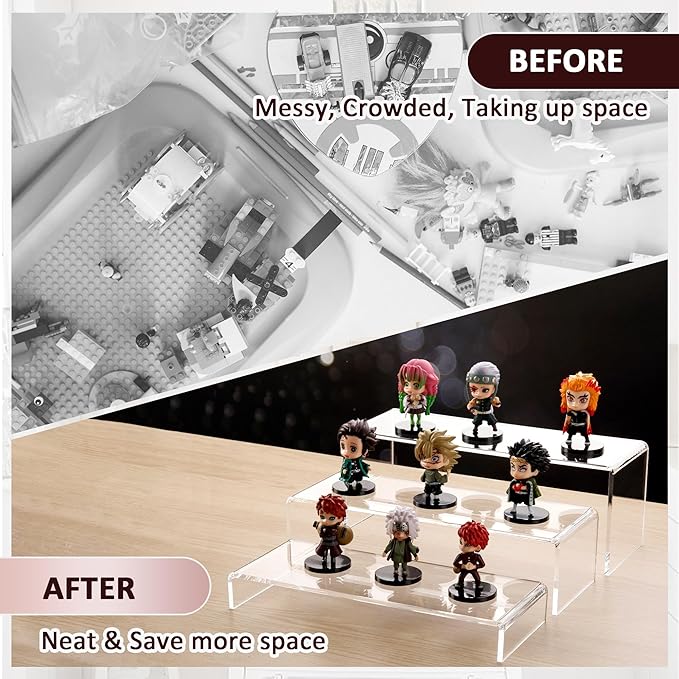 1 Set Large Acrylic Clear Display Risers, 3 Sizes 12" Rectangular Showcase Collectibles Display Shelf, 5 mm Thick Desktop Display Stand Holder for Figures, Jewelry, Perfume, Toys