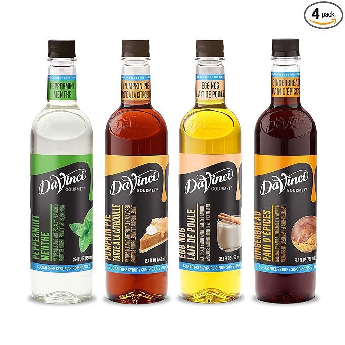 DaVinci Gourmet Sugar Free Syrup, Holiday Variety Pack - Peppermint, Pumpkin Pie, Egg Nog, Gingerbread, 25.4 Fl Oz (Pack of 4)