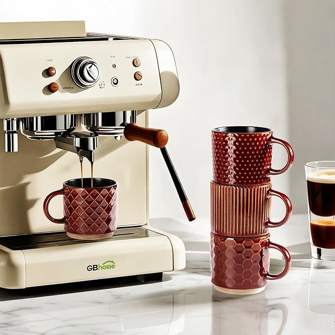GBHOME 15OZ Stackable Coffee Mugs, Ceramic Coffee Cups with Texture Patterns for Man,Woman,Dad,Mom, Modern Coffee Mugs Set of 4 for Latte/Cappuccino/Cocoa. Dishwasher&Microwave Safe, Red