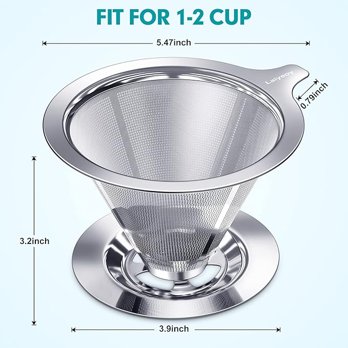 Pour Over Coffee Dripper, Slow Drip Paperless Coffee Filter, Stainless Steel Pour Over Coffee Maker for Single Cup Brew, Double Mesh Design of Manual Reusable Cone Filter.