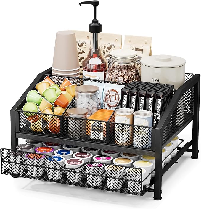 Coffee Bar Organizer - Coffee Station for Countertop, Metal and Wood K Cup holder Storage Basket with Drawer for Syrup, Cups, Stirrer, Condiment, Tea Organizer, Black
