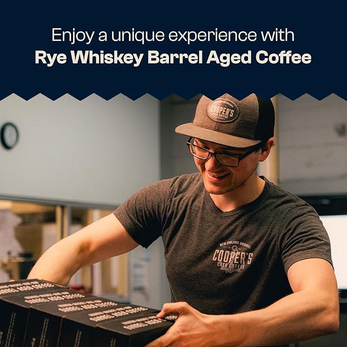 Rye Whiskey Barrel Aged Coffee, Single-Origin Ethiopian Beans Aged in Rye Whiskey Barrels, Medium Light Roast Whole Bean, 12 oz