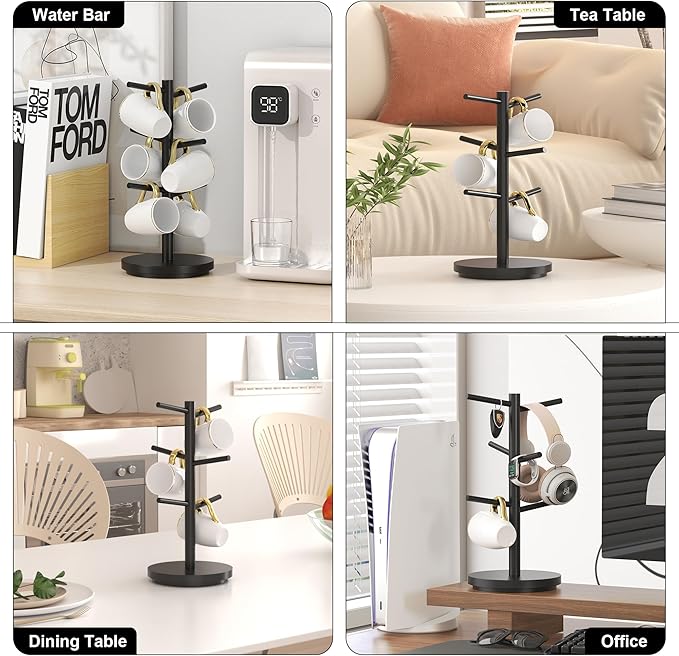 Wisuce Coffee Mug Holder Tree Upgraded 360Rotated Cup Holder for Counter Black Wood Cup Tree Mug Rack Organizer Stand with 6 Hooks for Kitchen Coffee Bar Accessories