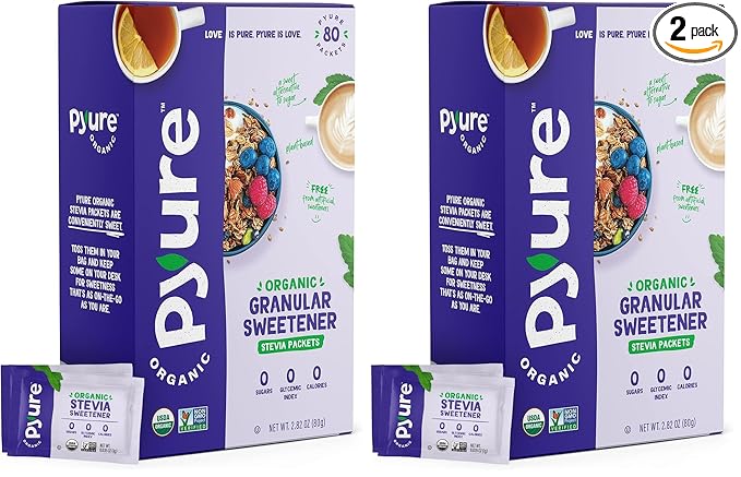 Pyure Organic Stevia Packets | Granulated Sugar Packets - White Sugar Substitute | Zero Carb, Zero Sugar, Zero Calorie Sweetener Packets | Plant-Based Stevia Packets for Keto Coffee | 80 Count