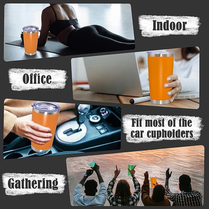 20 oz Tumbler Coffee Travel Tumblers Bulk with Lid Stainless Steel Double Wall Vacuum Insulated Mug Powder Coated Cups fit Car Cupholder for Hot and Cold - Orange, 8Pack