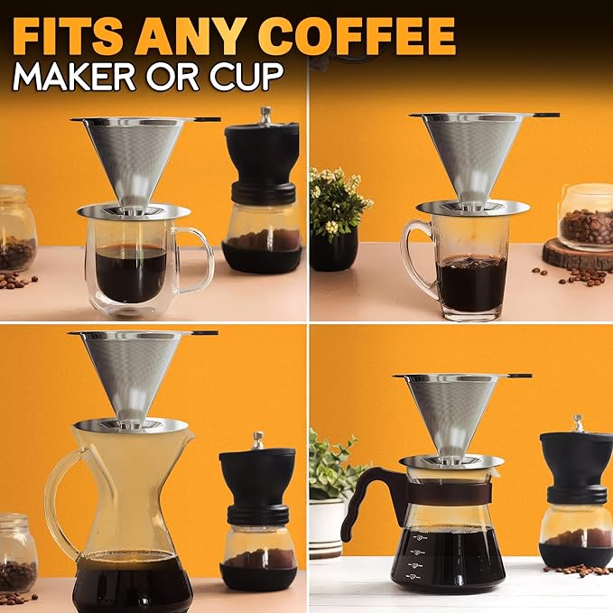 Stainless Steel Pour Over Coffee Maker - 3.18x4.48" Pour Over Coffee Dripper with Wide Secure Base, Large Plastic Handle, and Brush for Easy Cleaning – Ensures Well-Balanced, Clean Flavor