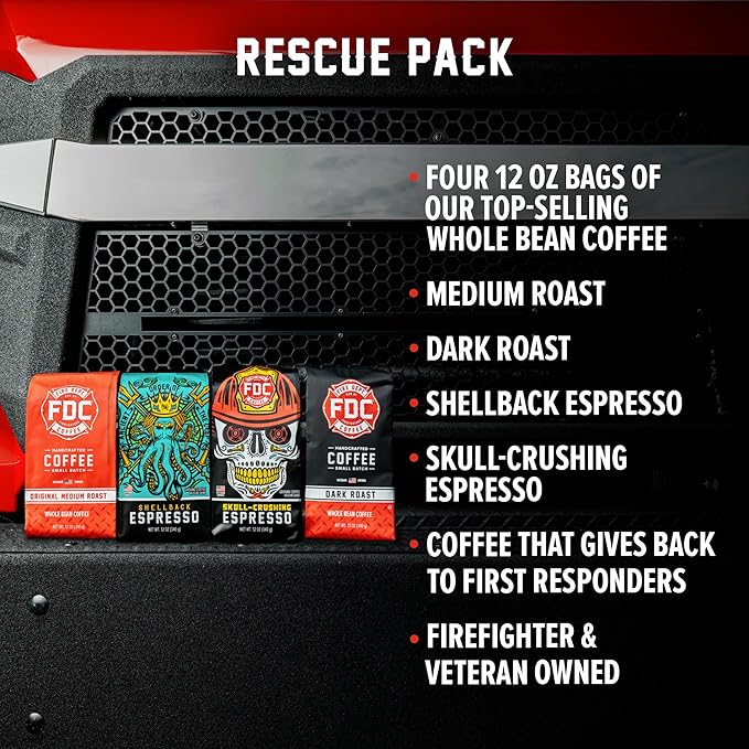 Fire Department Coffee - Gives Back to Firefighters - Rescue Variety Pack - Whole Bean Coffee - Medium, Dark, Shellback Espresso, & Skull Crushing Espresso Beans - Veteran Owned (12oz, Pack of 4)