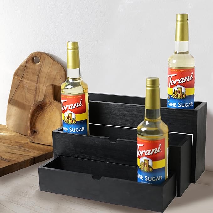 Black Wood Coffee Syrup Rack Organizer, 3-Tier Separated Bottle Holder for Coffee Bar, 12 Bottle(750ml) Storage Stand for Syrup, Wine, Dressing