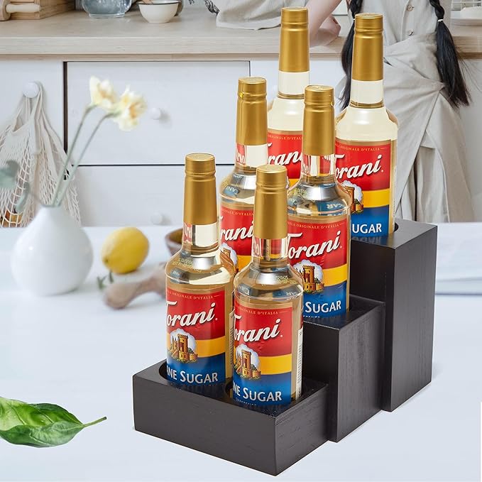 Black Wood Coffee Syrup Rack Organizer, 3 Tier Syrup Bottle Holder for Coffee Bar, 6 Bottles(750ml) Storage Stand for Syrup, Wine, Dressing for Kitchen Coffee Station(3 Separate Pieces)