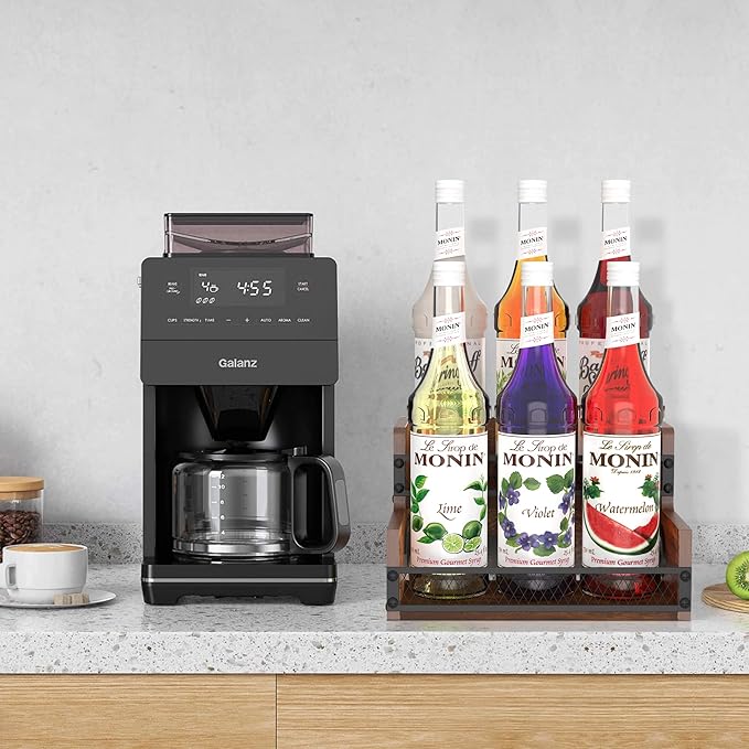 Liquor Bottle Display Shelf, Coffee Syrup Rack Organizer, 2 Step Countertop Liquor Wine Rack, 6 Bottles Coffee Station Organizer with Fences & Handles, Home Retro Bar Shelf Stand for Liquor Whiskey