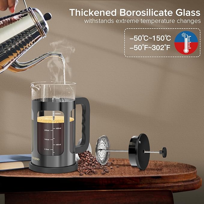 QUQIYSO French Press Coffee Maker 34oz 304 Stainless Steel French Press with 4 Filter, Heat Resistant Durable, Easy to Clean, Borosilicate Glass Coffee Press, 100% BPA Free Glass Teapot, Dark Pewter