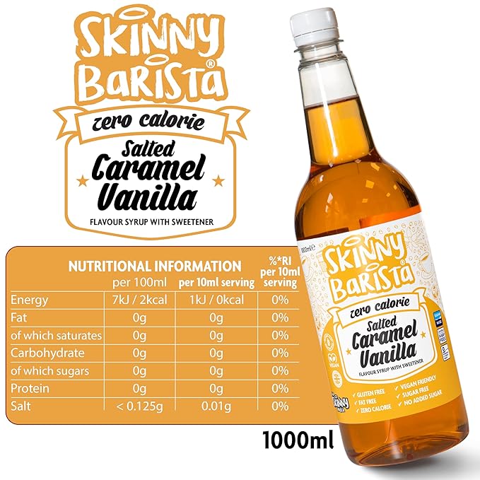 Skinny Food Co Salted Caramel Vanilla Syrup Zero Calorie 35 Fl Oz - Sugar Free Coffee Syrups for Tea, Hot Chocolate, Baking, Protein Drinks - Vegan, Gluten-Free & Fat-Free - Syrups For Coffee Drinks