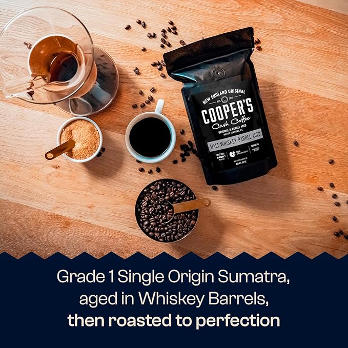Single-Malt Whiskey Barrel Aged Coffee - Medium Dark Roast - Single Origin Sumatra Coffee Beans Aged in Stout Whiskey Barrels - 5lb Bags, Whole Bean