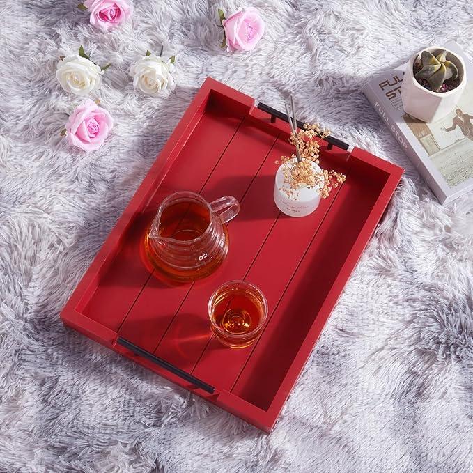 Ottoman Serving Tray | Decorative Coffee Table Tray with Handles – 17x13 Inch Wooden Tray with 4 Coasters for Breakfast, Kitchen & Bar