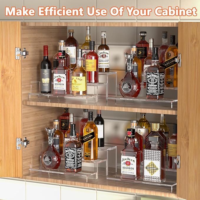 3 Tiers Bar Shelves for Liquor Bottles, 15" Bar Organizer for Countertop, Clear Acrylic Risers Display Racks Stands for Figures Pops Cupcake Perfume Collections (Patent: D1076520S)