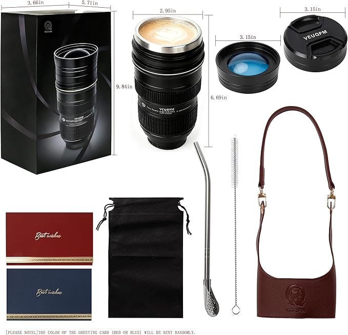 Camera Lens Coffee Mug (420ml/14oz) - Stainless Steel Travel Mug Set with 2 Leak-Proof Lids, Steel Straw, Cleaning Brush & Carrier Strap - Novelty Gift for Photographers & Travelers