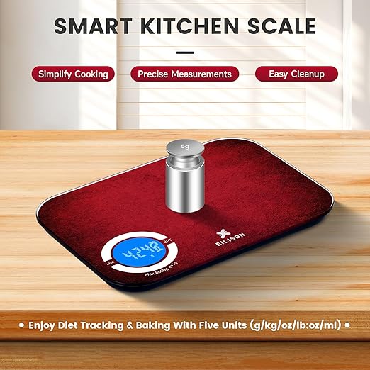 EILISON Smart Kitchen Scale with Bluetooth App, High-Precision Digital Food Scale for Baking, Cooking & Diet, 8000 Food Database, 24 Nutrients, Touchscreen, Tare Function, 5g-8000g Capacity (Red)