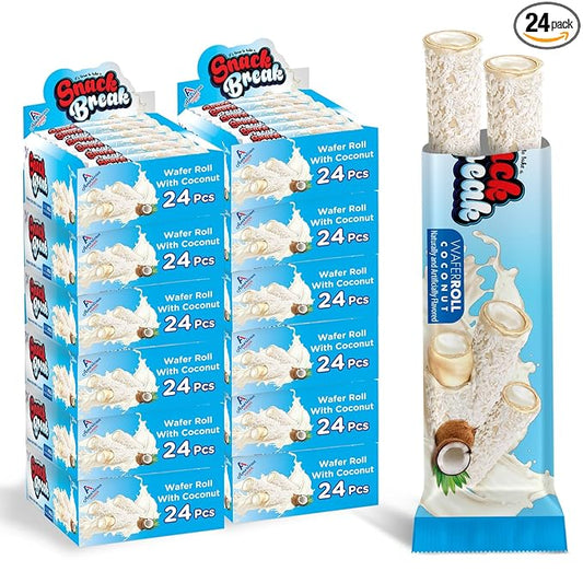 Snack Break Coconut Rolled Wafers, Individually Wrapped, Wafer Rolls with Creamy Coconut Filling, Snacks for Kids & Adults, 24 Individual Packs, Pack of 12