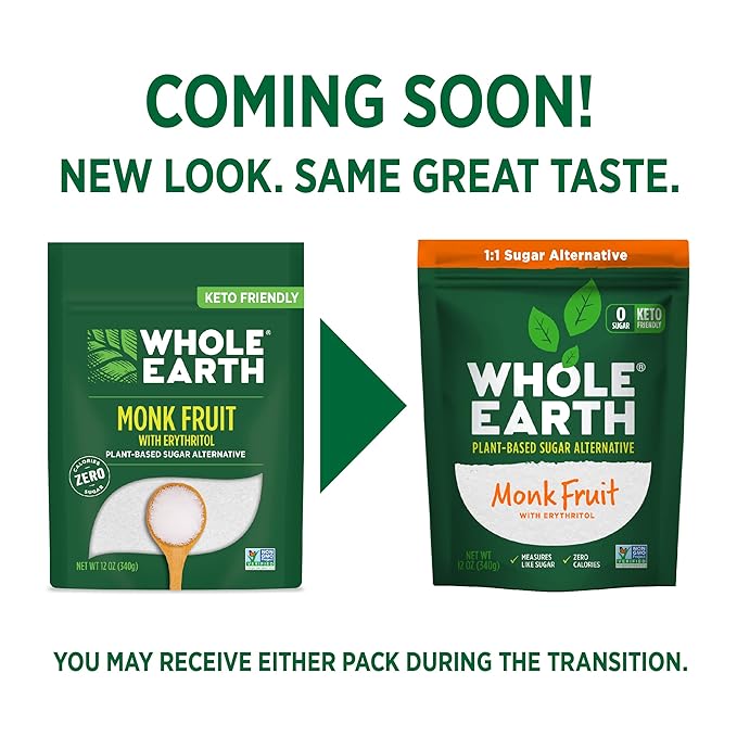 WHOLE EARTH Monk Fruit Sweetener with Erythritol, Plant-Based Sugar Alternative, 12 Ounce Pouch