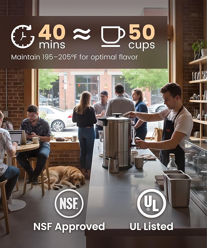 Commercial Coffee Maker 50-Cup Percolator Coffee Pot Electric Dispenser with Double Wall Stainless Steel Anti-Spill, 8L Large Fast Brew Hot Water Urn for Tea Church Events Easy Cleaning